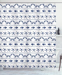 Navy Shower Curtain Anchor Starfish Sea Life Print for Beach Bathroom