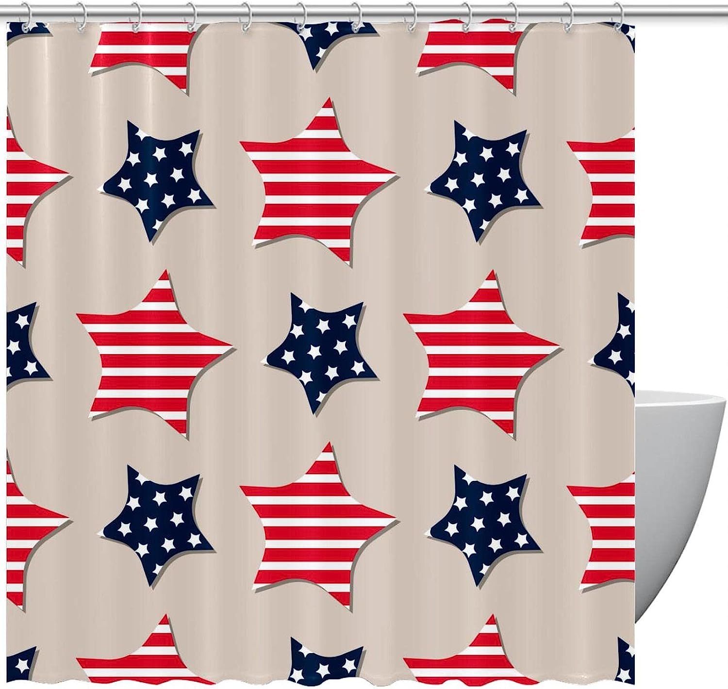 Navy Striped Shower Curtain with Star Pattern, Patriotic Decor