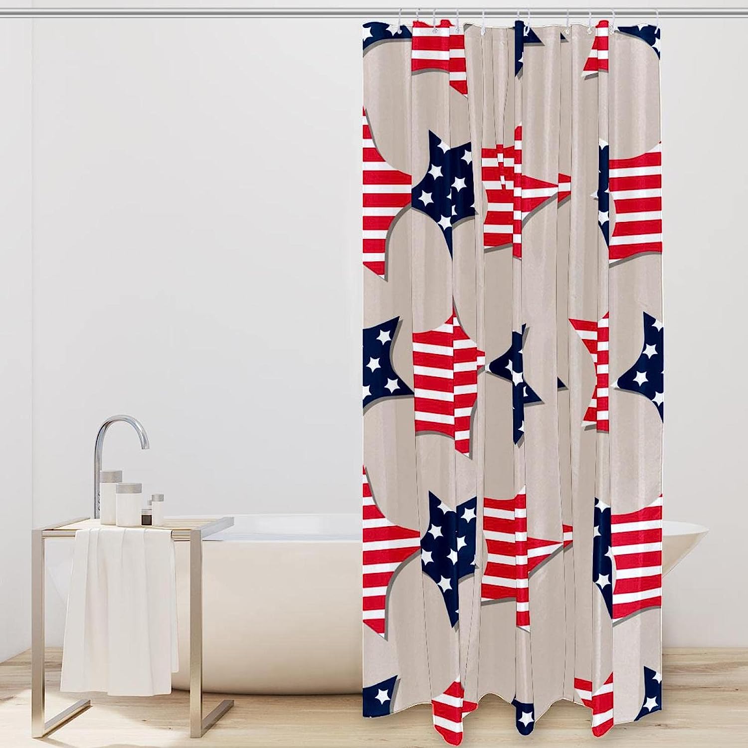 Navy Striped Shower Curtain with Star Pattern, Patriotic Decor