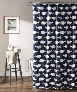 Navy Whale Shower Curtain with an Ocean Fish Animal Print Design for Kids Bathroom