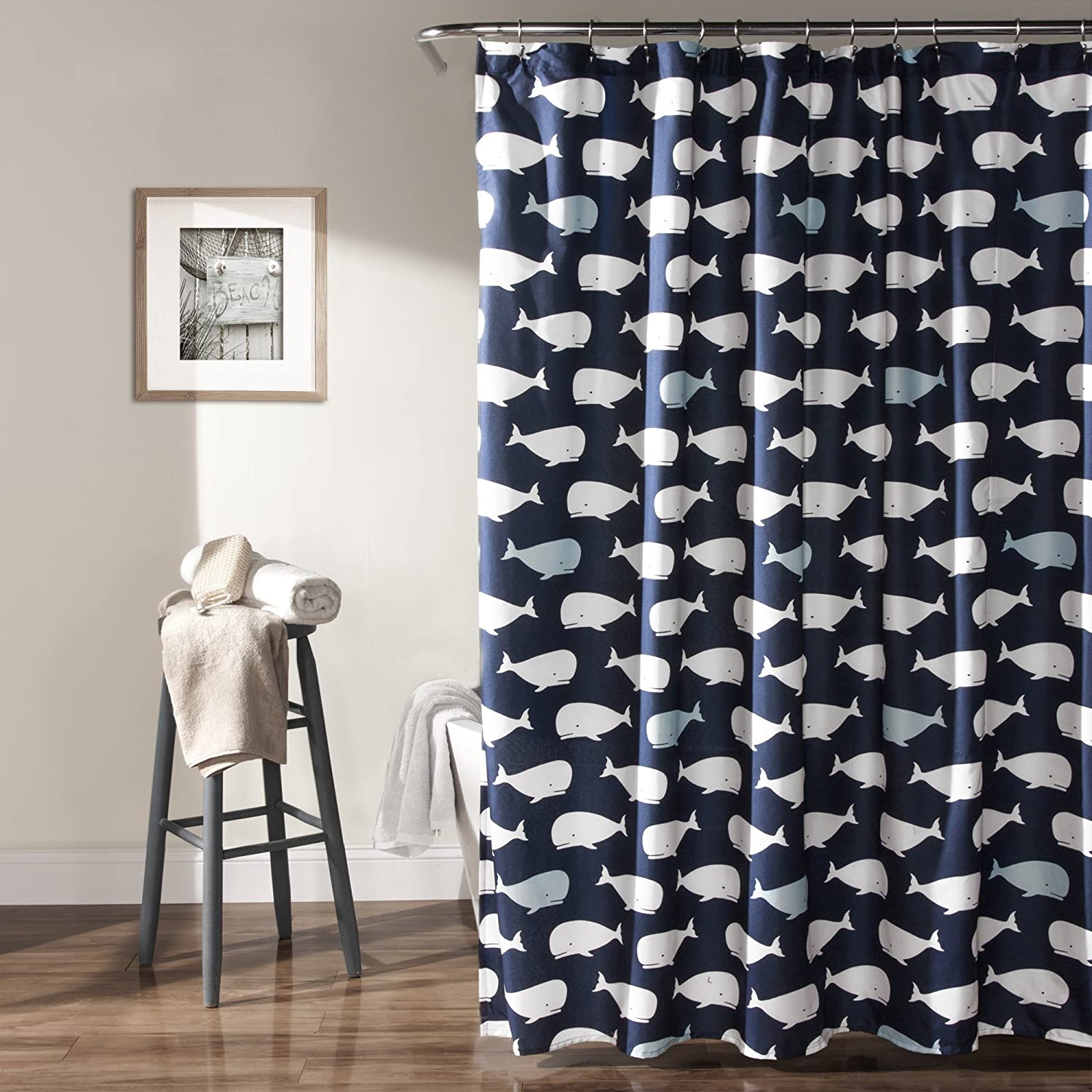 Navy Whale Shower Curtain with an Ocean Fish Animal Print Design for Kids Bathroom
