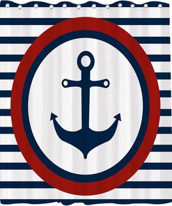 Navy White Red Shower Curtain - Ocean Anchor Nautical Pirate Stripes - Waterproof Washable Bathroom Decor