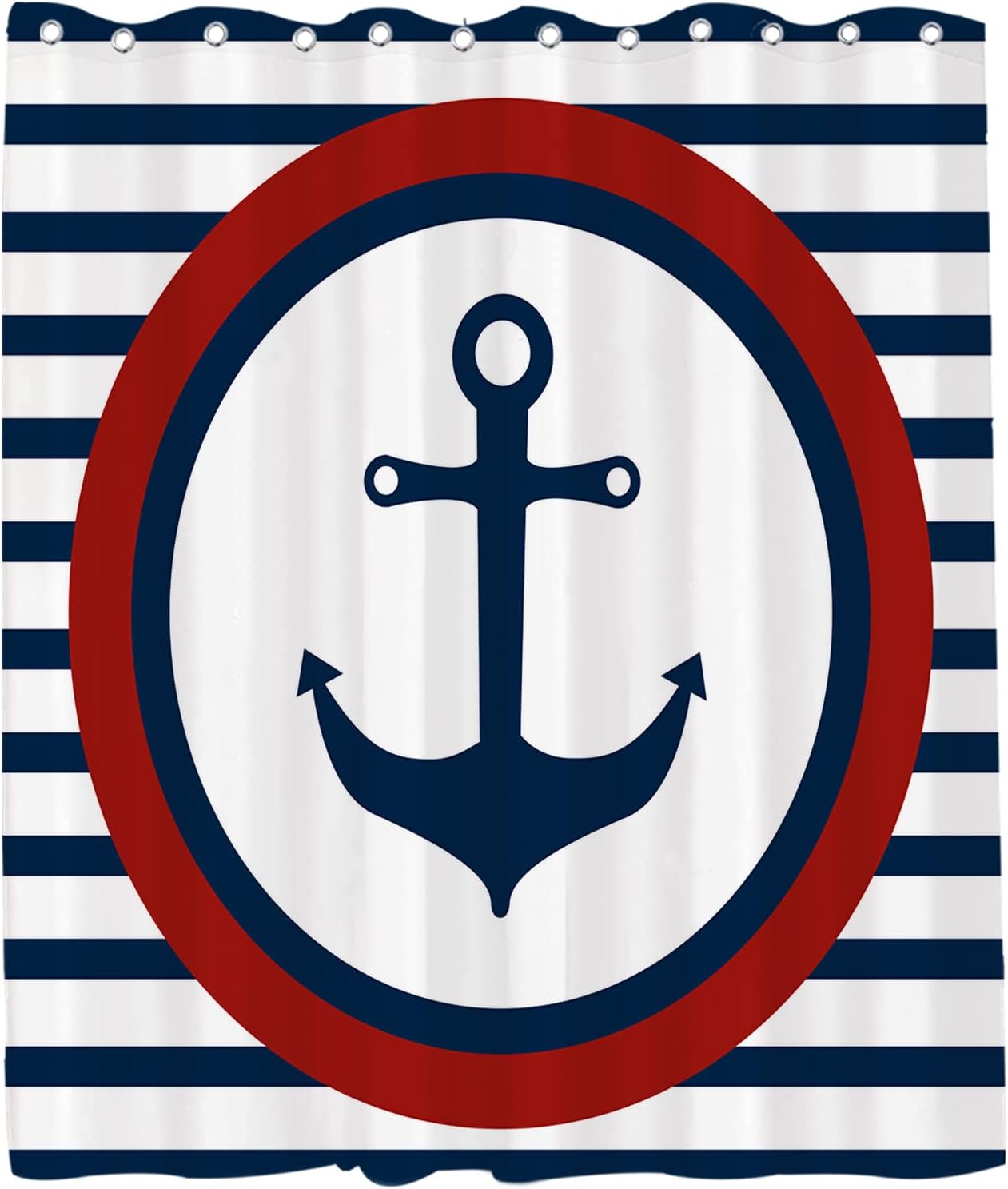 Navy White Red Shower Curtain - Ocean Anchor Nautical Pirate Stripes - Waterproof Washable Bathroom Decor