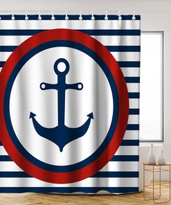 Navy White Red Shower Curtain - Ocean Anchor Nautical Pirate Stripes - Waterproof Washable Bathroom Decor