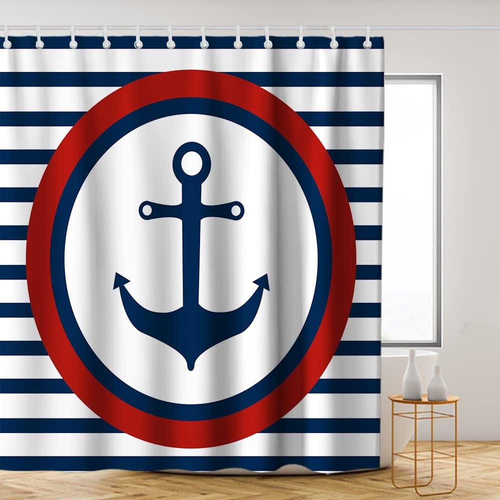 Navy White Red Shower Curtain - Ocean Anchor Nautical Pirate Stripes - Waterproof Washable Bathroom Decor