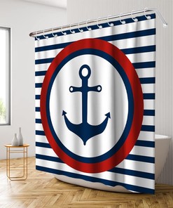 Navy White Red Shower Curtain - Ocean Anchor Nautical Pirate Stripes - Waterproof Washable Bathroom Decor