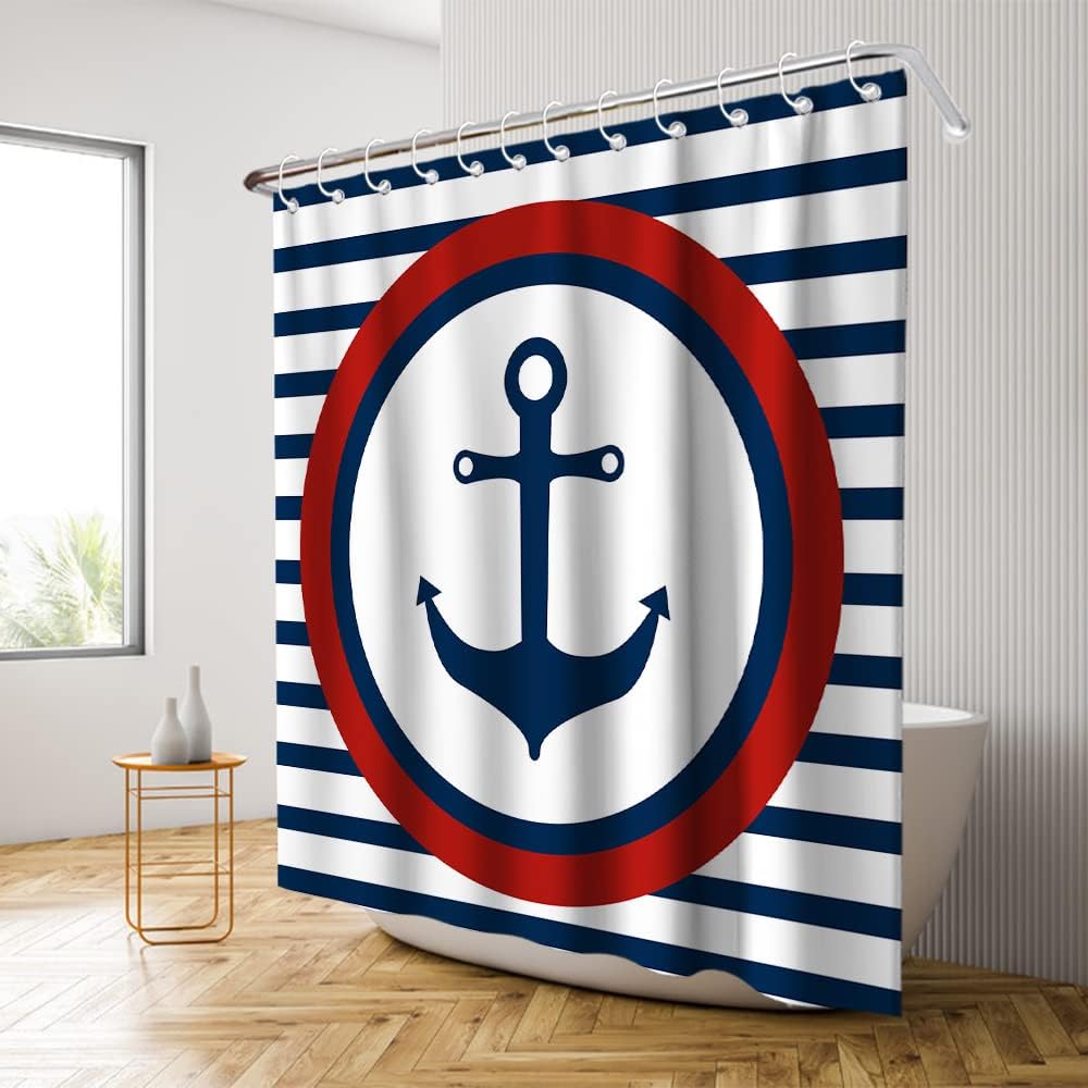 Navy White Red Shower Curtain - Ocean Anchor Nautical Pirate Stripes - Waterproof Washable Bathroom Decor
