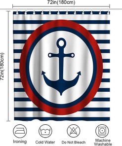 Navy White Red Shower Curtain - Ocean Anchor Nautical Pirate Stripes - Waterproof Washable Bathroom Decor