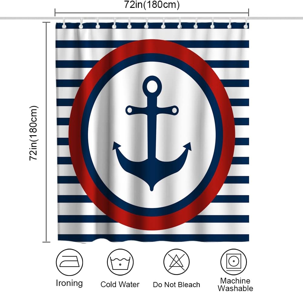 Navy White Red Shower Curtain - Ocean Anchor Nautical Pirate Stripes - Waterproof Washable Bathroom Decor