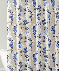 Navy White Taupe Floral PEVA Shower Curtain for Eco-Friendly Bathroom Decor 