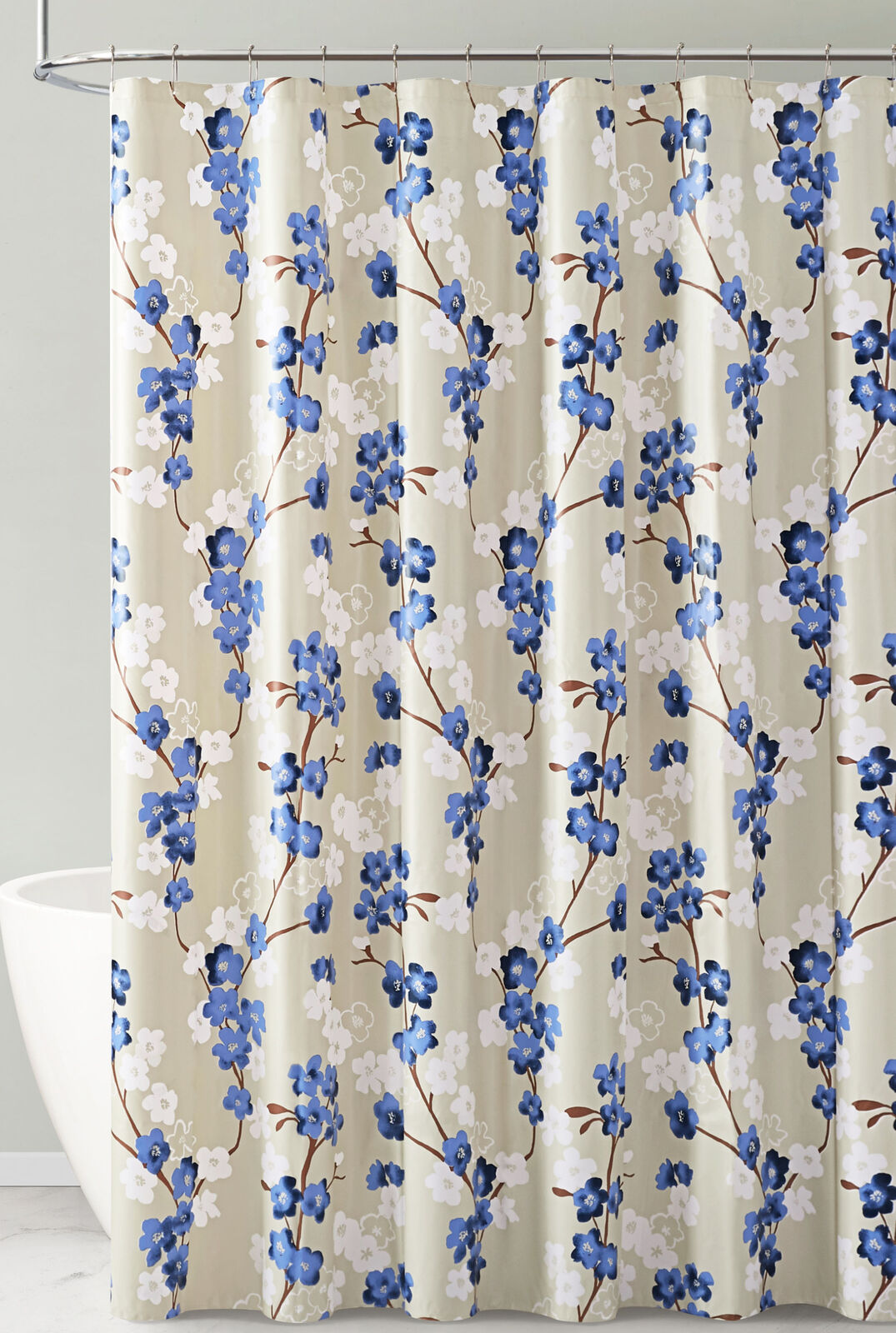 Navy White Taupe Floral PEVA Shower Curtain for Eco-Friendly Bathroom Decor