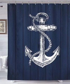 Navy Wooden Anchor Coastal Nautical Beach Beachy Ocean Home Decor Shower Curtain 