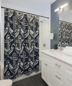 Navy and White Nautical Shower Curtain, Modern Minimalist Anchor Design for Coastal Bath Decor 