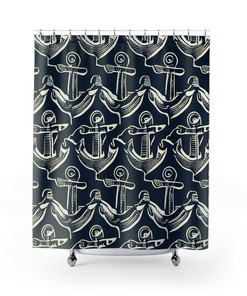 Navy and White Nautical Shower Curtain, Modern Minimalist Anchor Design for Coastal Bath Decor