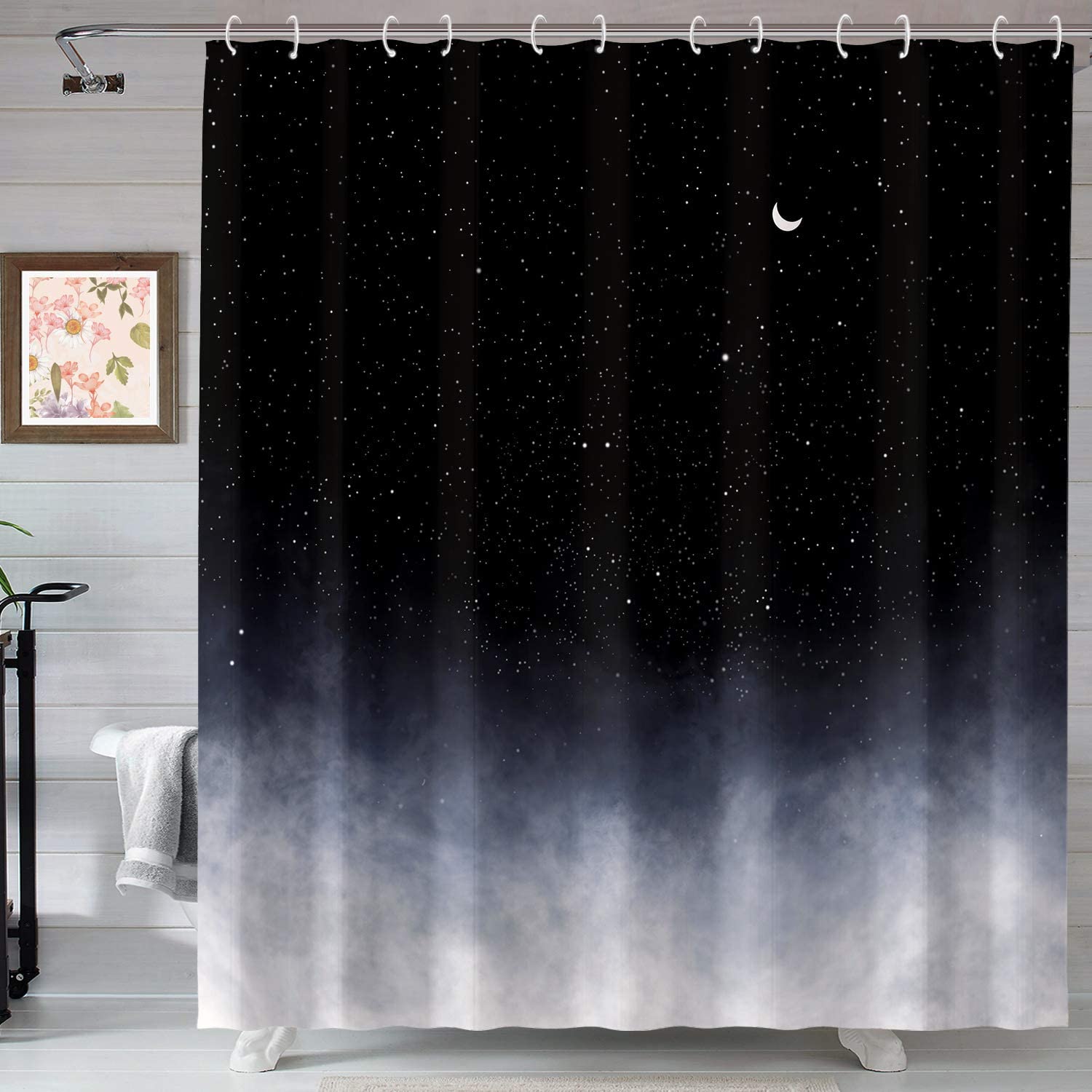 Neasow Black Night Sky Stars and Moon Shower Curtain for Dreamy Bathroom