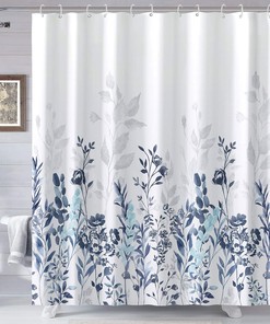 Neasow Blue and Grey Watercolor Floral Shower Curtain for Teal Bathroom 