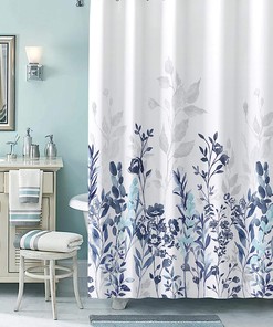 Neasow Blue and Grey Watercolor Floral Shower Curtain for Teal Bathroom