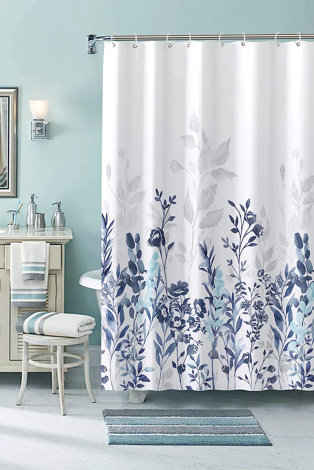 Neasow Blue and Grey Watercolor Floral Shower Curtain for Teal Bathroom