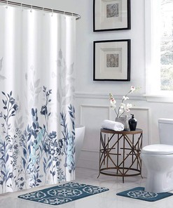 Neasow Blue and Grey Watercolor Floral Shower Curtain for Teal Bathroom