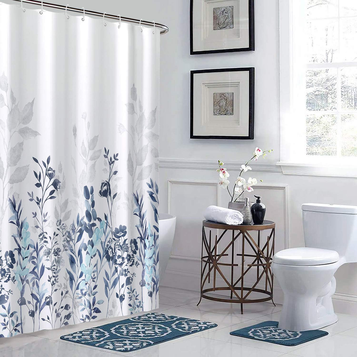 Neasow Blue and Grey Watercolor Floral Shower Curtain for Teal Bathroom