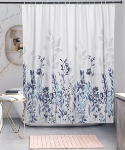 Neasow Blue and Grey Watercolor Floral Shower Curtain for Teal Bathroom