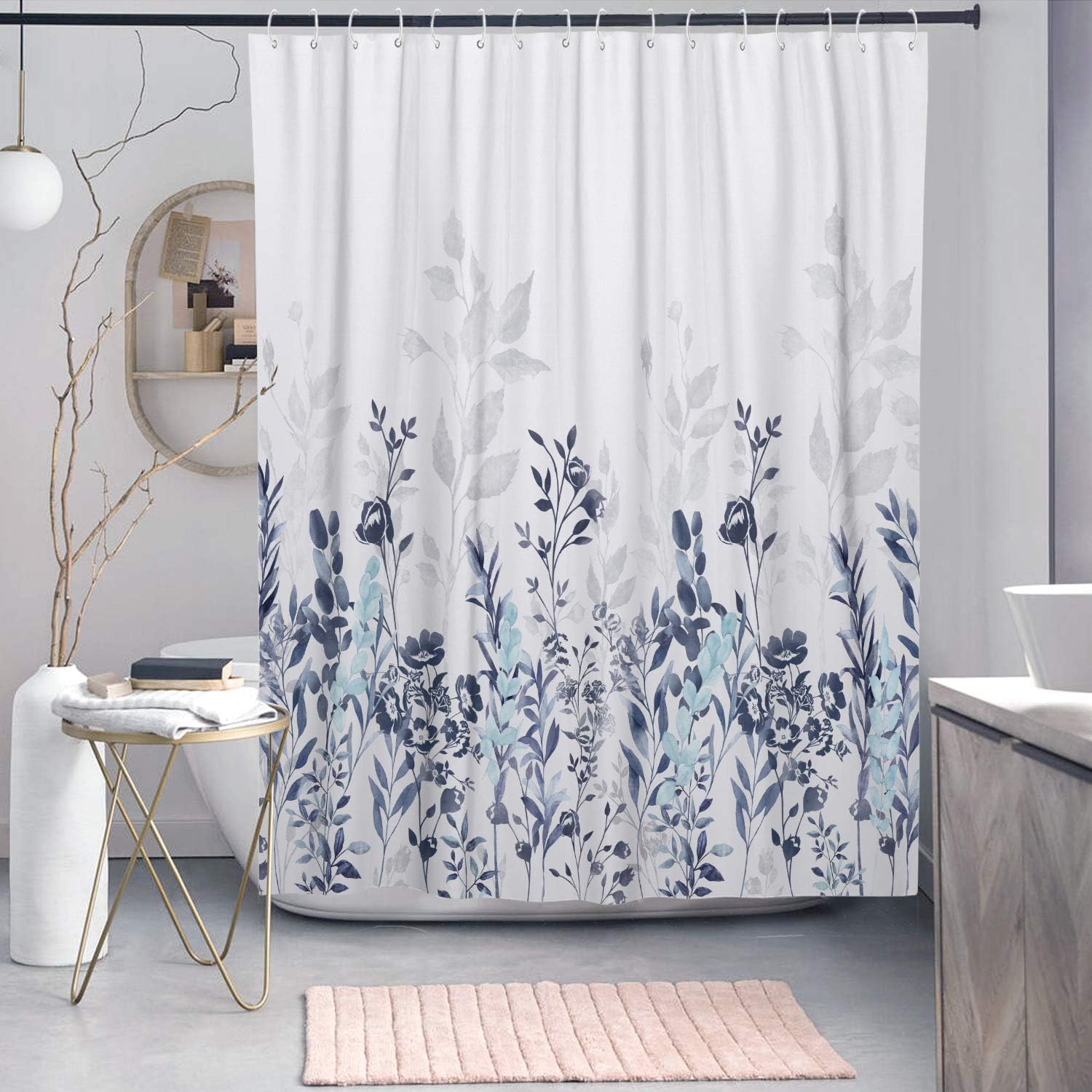 Neasow Blue and Grey Watercolor Floral Shower Curtain for Teal Bathroom