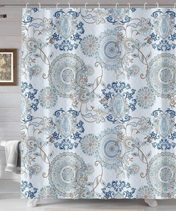 Neasow Teal and White Watercolor Floral Shower Curtain for Light Bathroom 