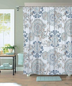 Neasow Teal and White Watercolor Floral Shower Curtain for Light Bathroom 