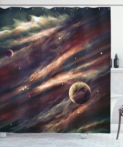 Nebula Gas Cloud in Space Galaxy Stars Print Shower Curtain with Planets