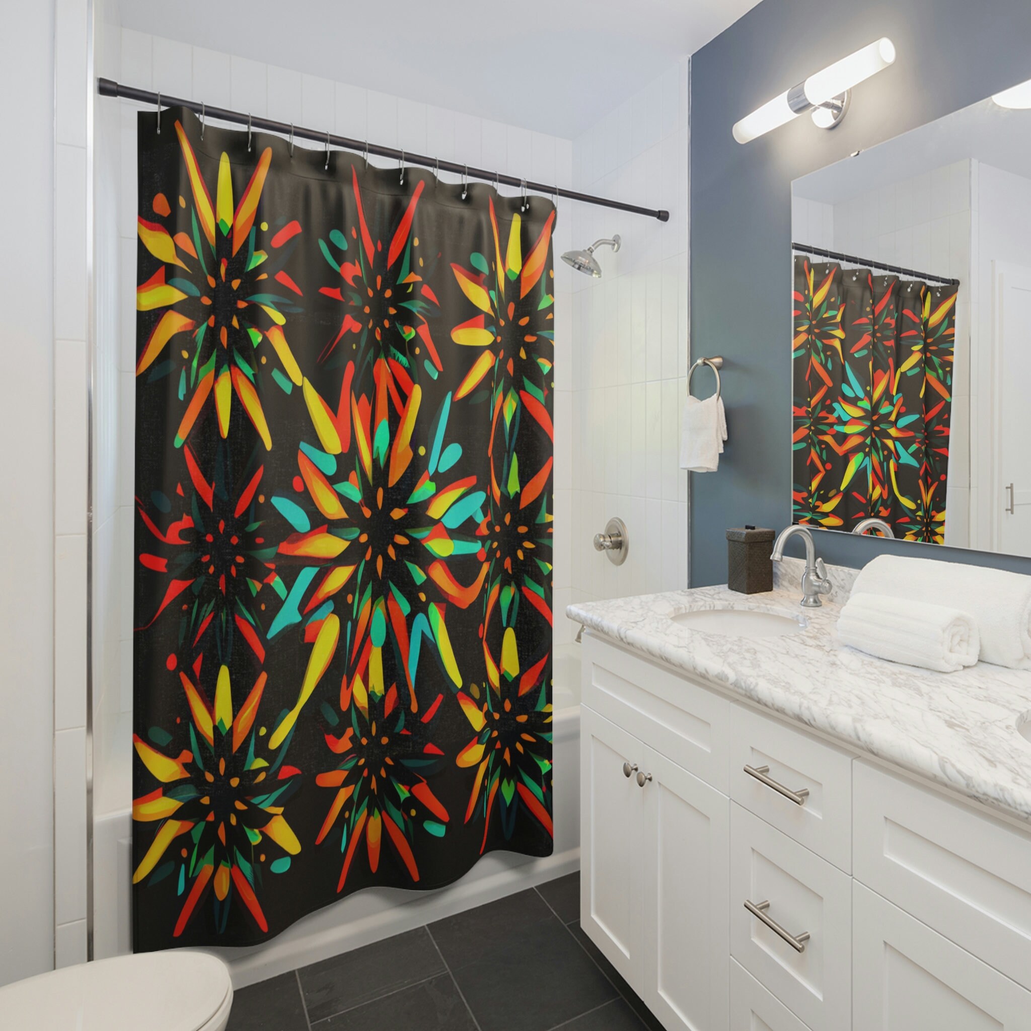 Nebula Star Flowers Printed Shower Curtain for Cosmic Bathroom