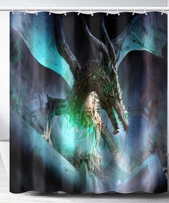 Necromancy Dragon With Glowing Green Eyes Print Shower Curtain, Waterproof Fabric Bathroom Decor