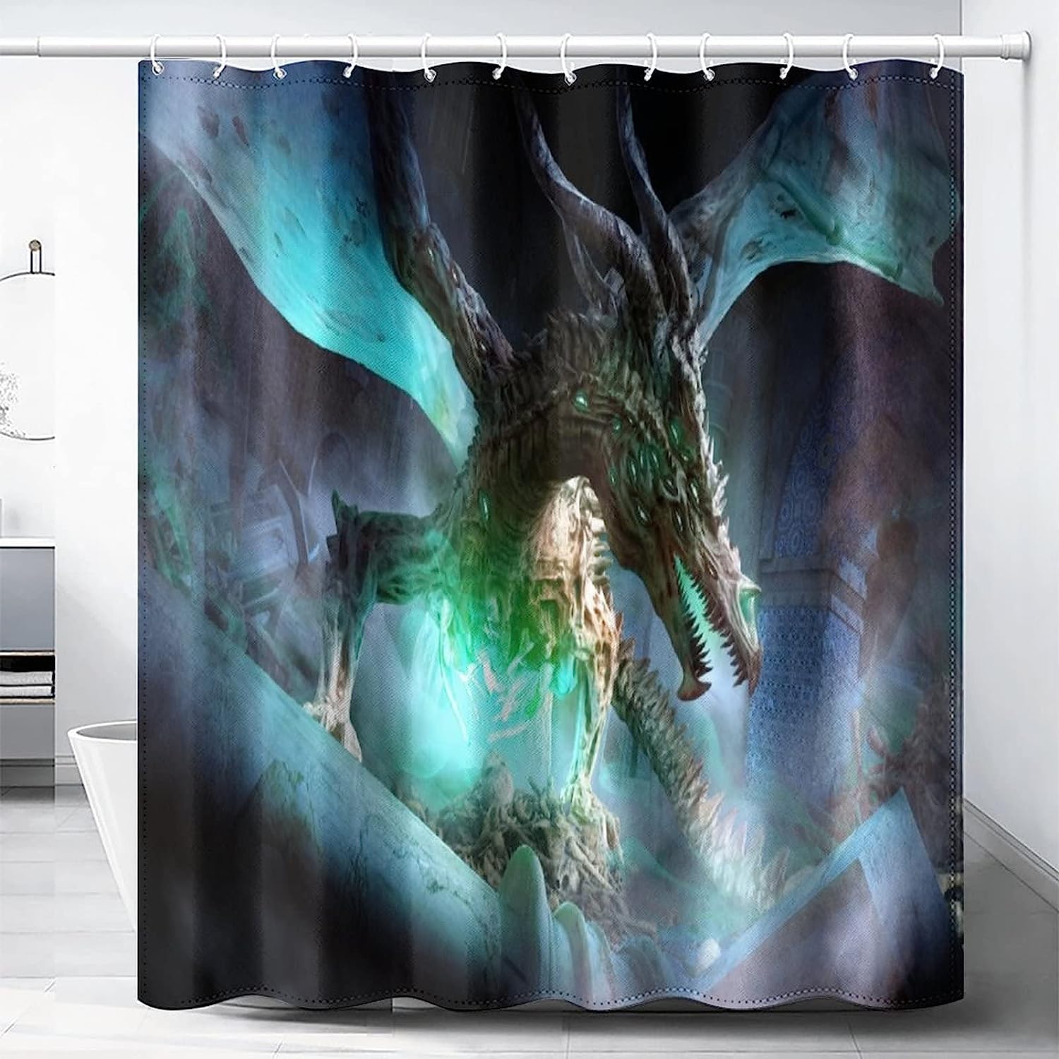 Necromancy Dragon With Glowing Green Eyes Print Shower Curtain, Waterproof Fabric Bathroom Decor