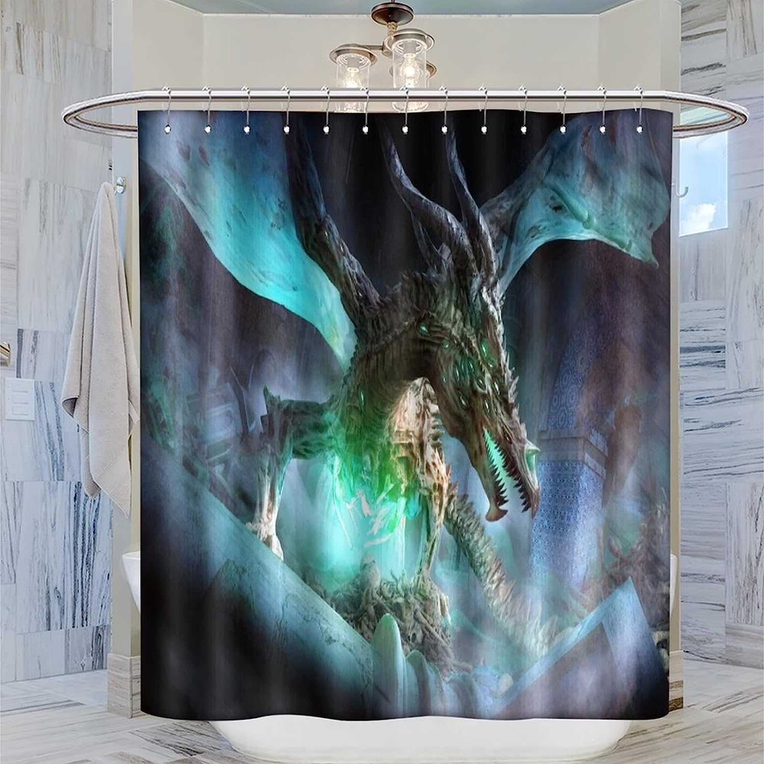 Necromancy Dragon With Glowing Green Eyes Print Shower Curtain, Waterproof Fabric Bathroom Decor - Image 2