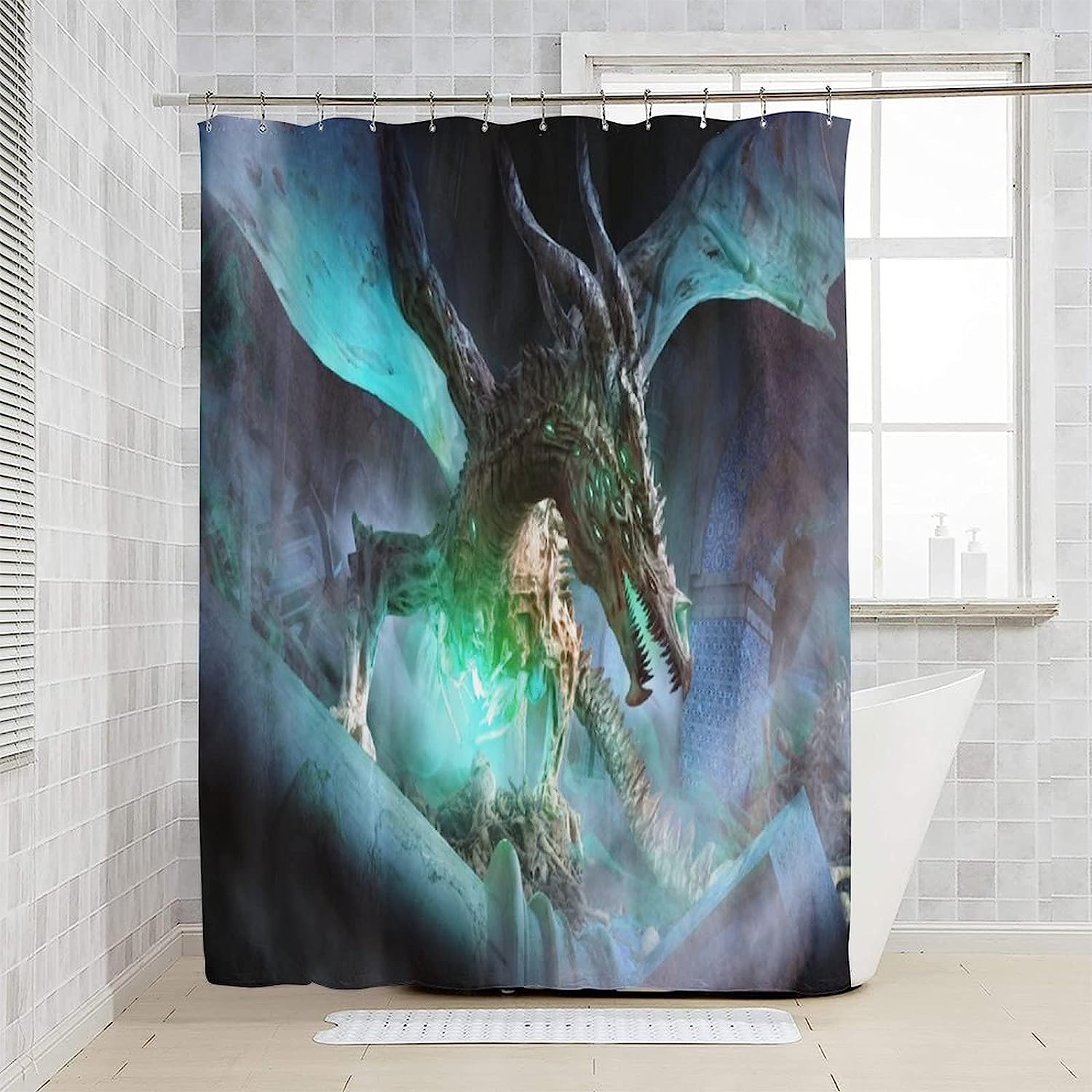 Necromancy Dragon With Glowing Green Eyes Print Shower Curtain, Waterproof Fabric Bathroom Decor - Image 3