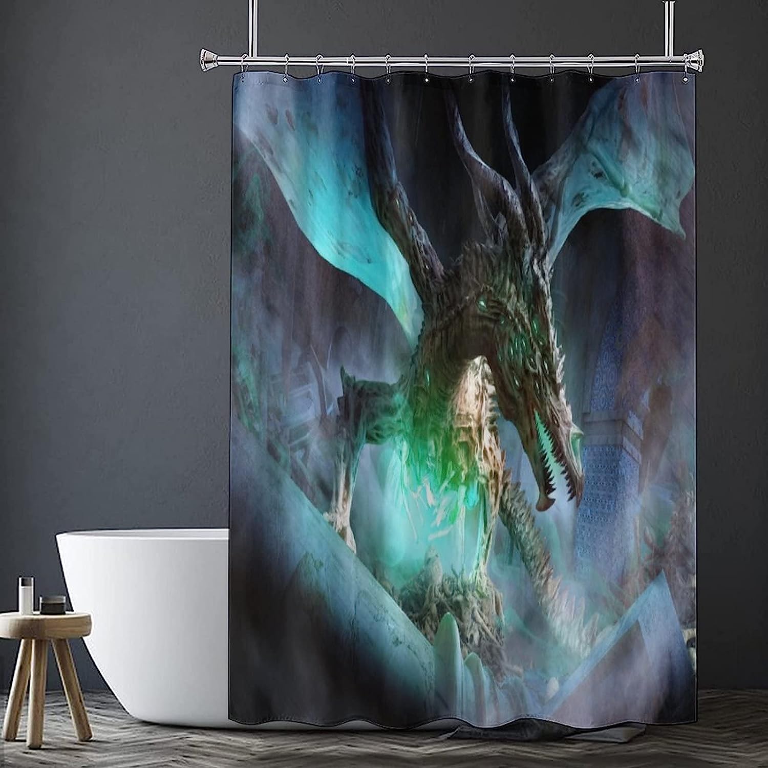 Necromancy Dragon With Glowing Green Eyes Print Shower Curtain, Waterproof Fabric Bathroom Decor - Image 4