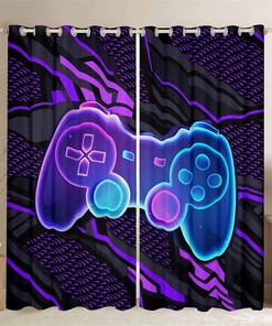Neon Blue Purple Gamepad Window Curtains - Perfect Gaming Room Decor