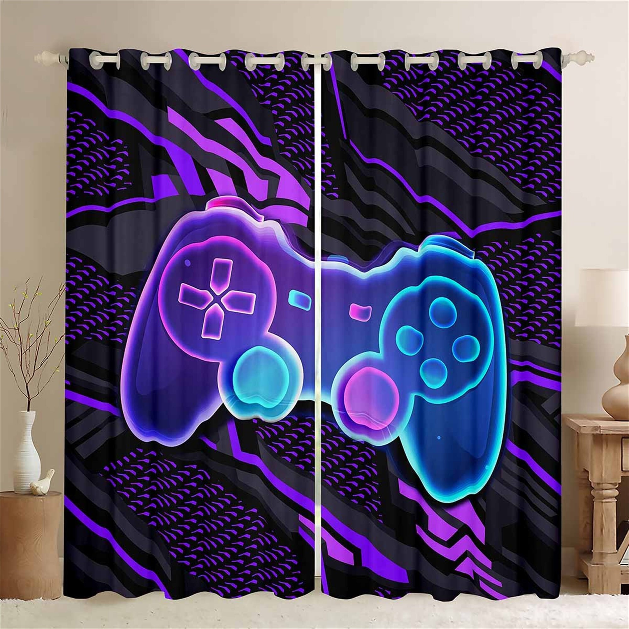 Neon Blue Purple Gamepad Window Curtains - Perfect Gaming Room Decor