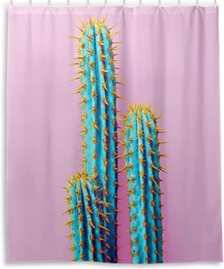 Neon Cactus Print Waterproof Fabric Shower Curtain for Modern Bathroom Decor