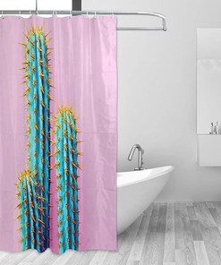 Neon Cactus Print Waterproof Fabric Shower Curtain for Modern Bathroom Decor