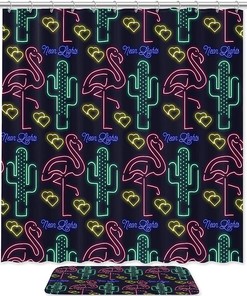 Neon Flamingo Cactus Elements Pattern Shower Curtain for Vibrant Dcor