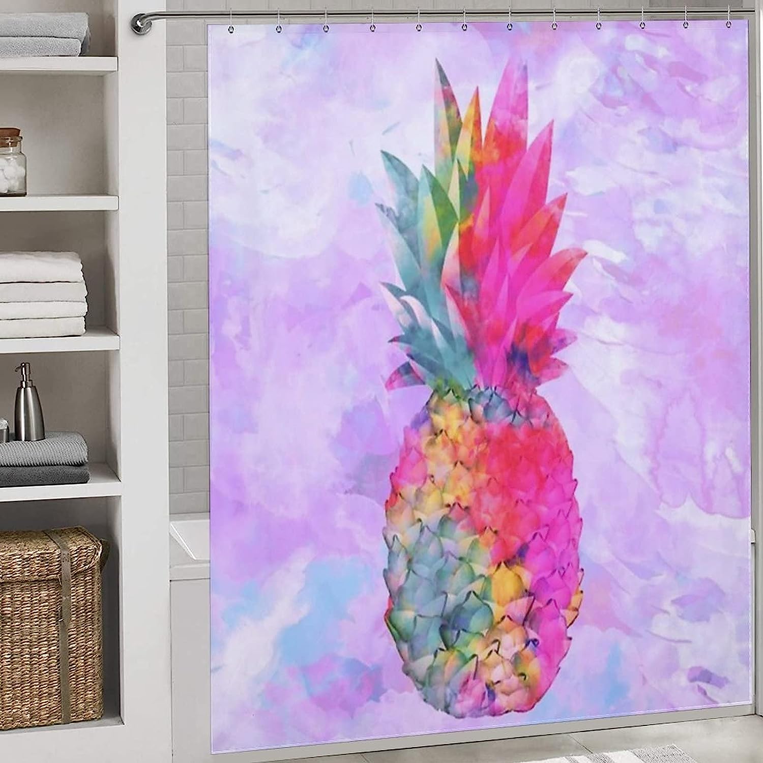 Neon Hawaiian Pineapple Tropical Bright Waterproof Shower Curtain - Image 3