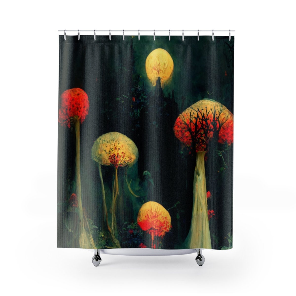 Neon Witchy Celestial Forest Mushroom Shower Curtain - For Those Enchanted by the Mystical and Celestial.