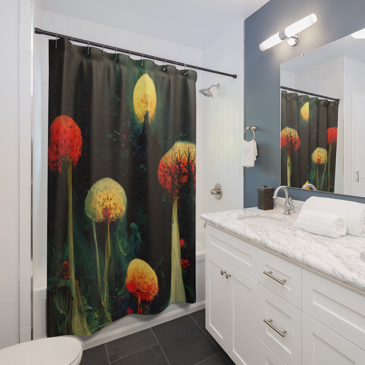Neon Witchy Celestial Forest Mushroom Shower Curtain - For Those Enchanted by the Mystical and Celestial.