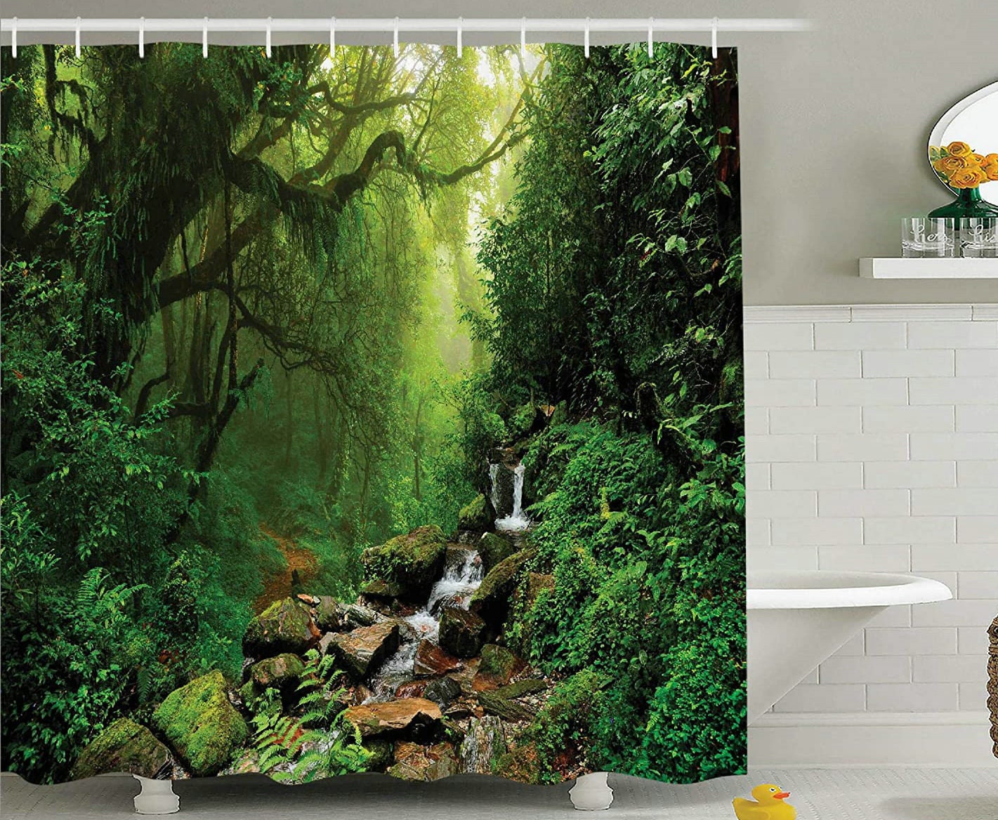 Nepal Footpath Wildlife in the Rainforest Shower Curtain, Woodland Stones Jungle View Bathroom Decor