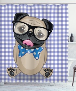Nerdy Glasses Bow Tie Pug Dog Shower Curtain, Quirky Bathroom Print