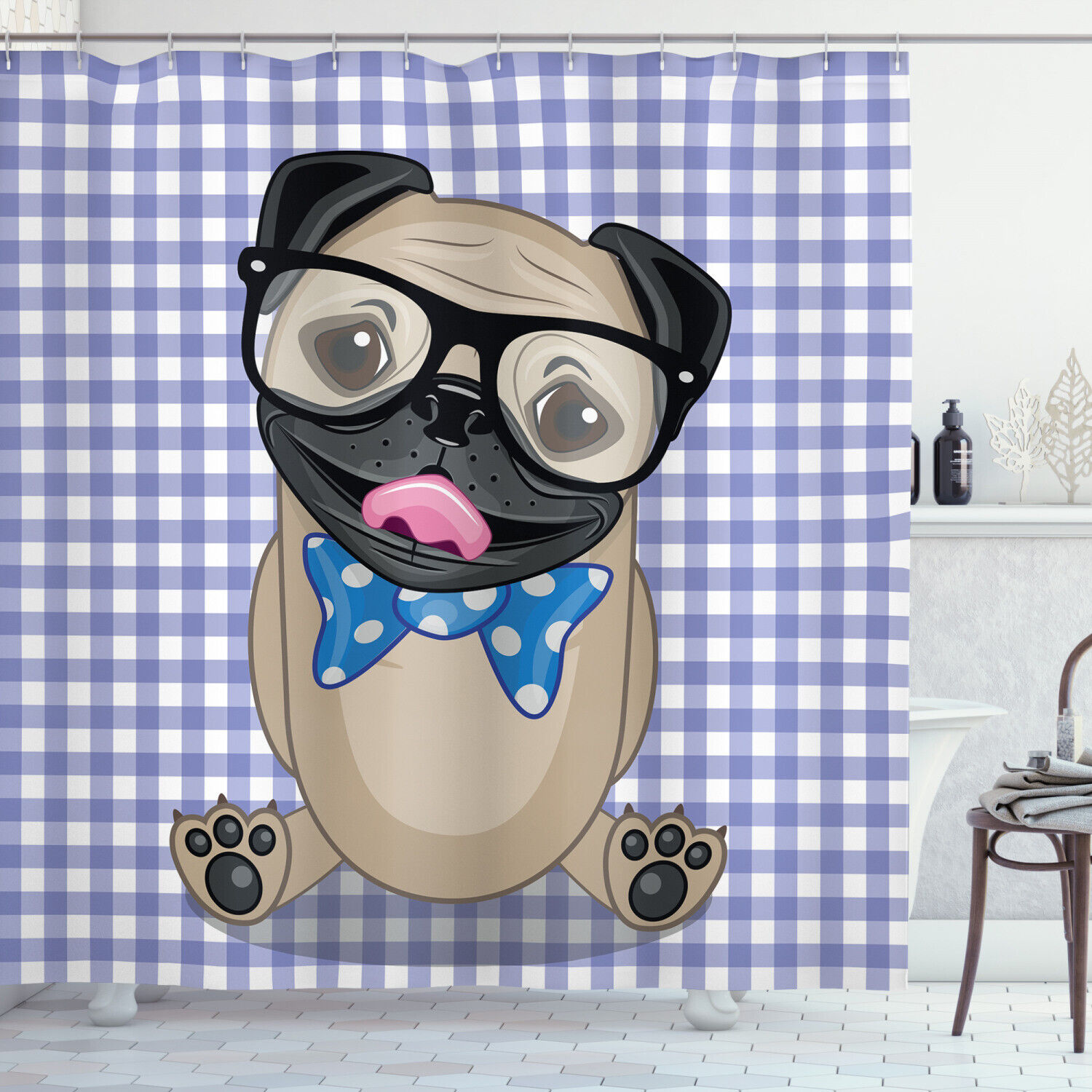 Nerdy Glasses Bow Tie Pug Dog Shower Curtain, Quirky Bathroom Print