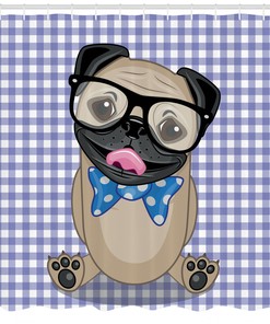 Nerdy Glasses Bow Tie Pug Dog Shower Curtain, Quirky Bathroom Print