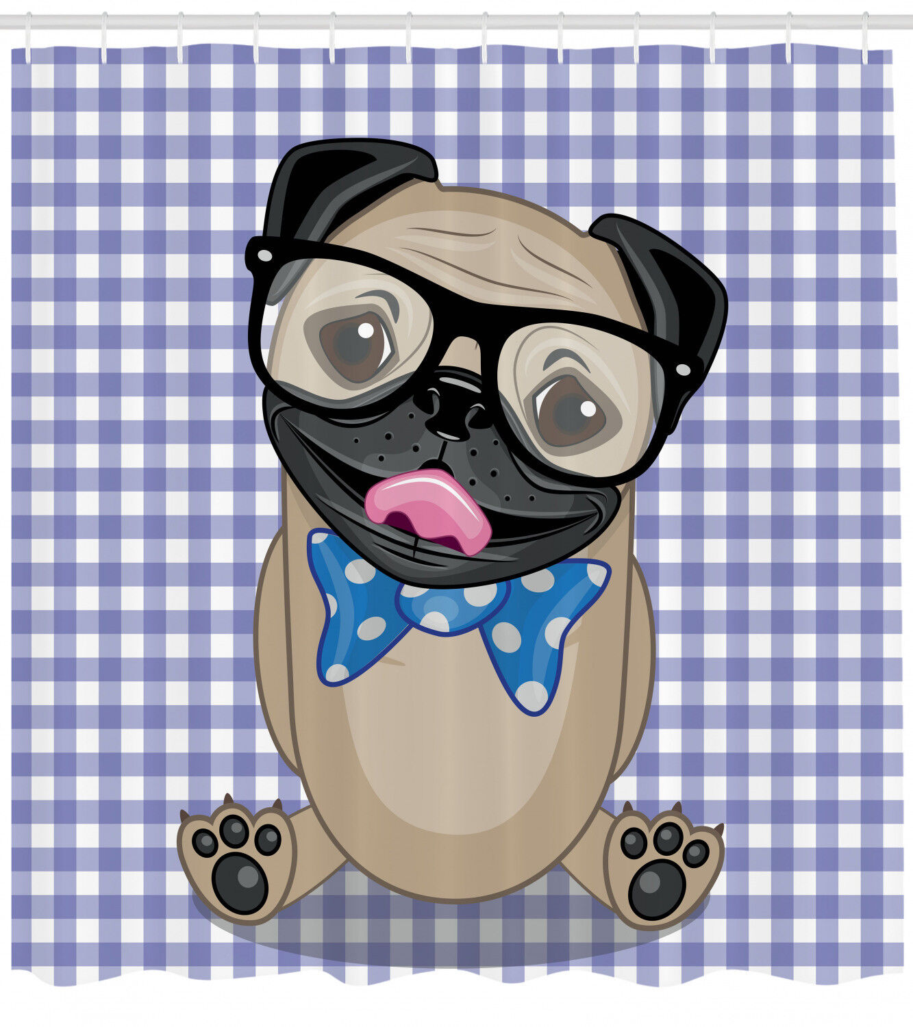 Nerdy Glasses Bow Tie Pug Dog Shower Curtain, Quirky Bathroom Print