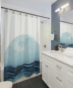 Neutral Blue Water Theme Boho Moon Ocean Shower Curtain For Stylish Bathroom Decor