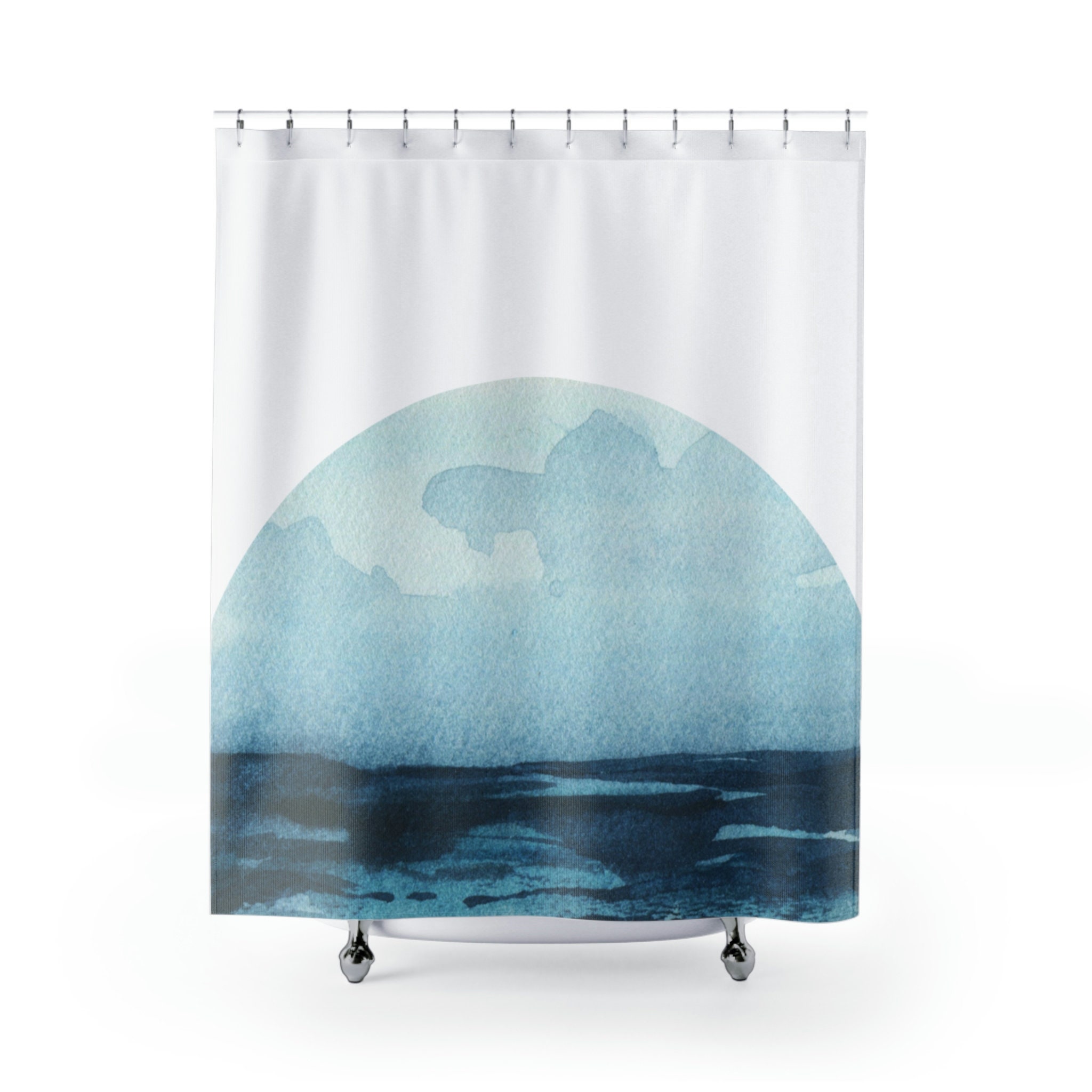 Neutral Blue Water Theme Boho Moon Ocean Shower Curtain For Stylish Bathroom Decor - Image 2